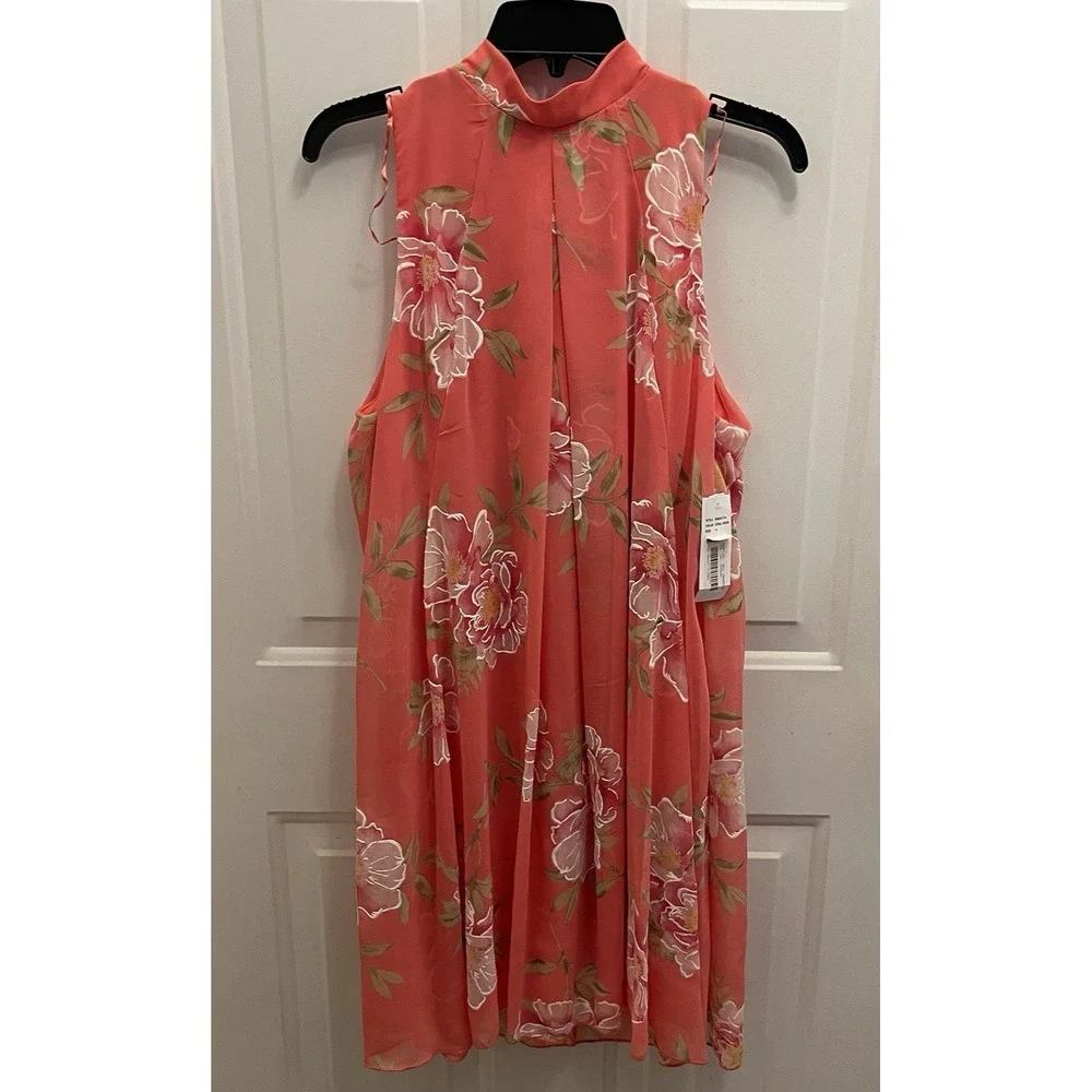 Signature By Robbie Bee Coral Floral Mock Neck‎ Bow Back Aline Dress Womens 12